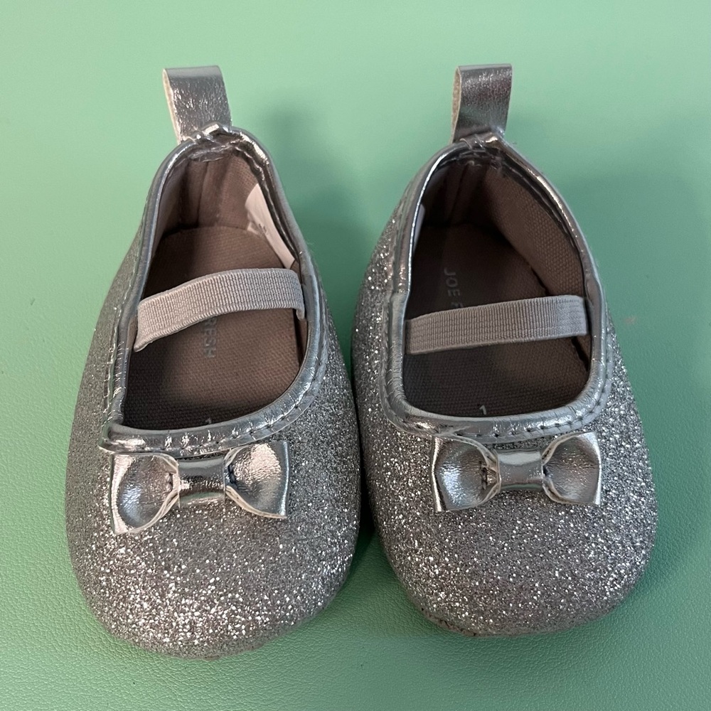 Baby Girl Ballet Flats Silver Shoes, Baby Size 1, Glitter Shoes, Dress Up Shoes